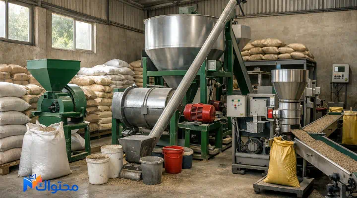مصنع أعلاف دواجن صغير يوضح مراحل إنتاج العلف من الحبوب حتى التعبئة