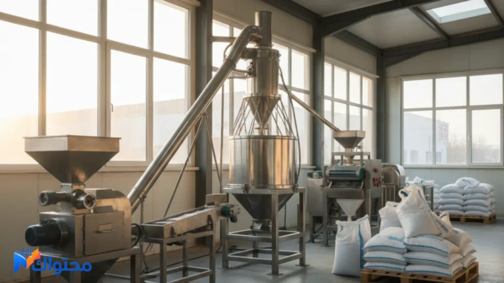 معدات تصنيع أعلاف الدواجن تشمل مطحنة وخلاط وماكينة تعبئة