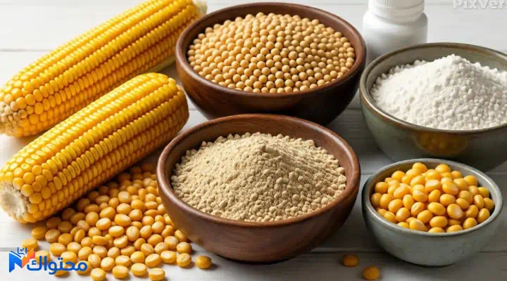 مكونات أعلاف الدواجن من الذرة وفول الصويا والفيتامينات