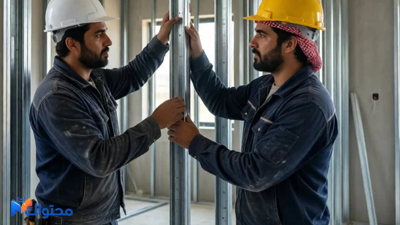 فني جبس بورد يفحص الهيكل المعدني قبل التركيب داخل منزل سعودي