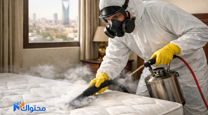 فني يستخدم بخار حراري للقضاء على بق الفراش في سرير منزلي بالرياض