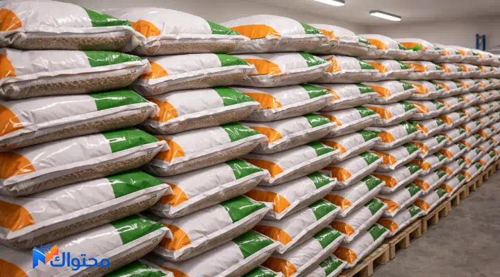 أكياس علف تجاري جاهز داخل مخزن مزرعة
