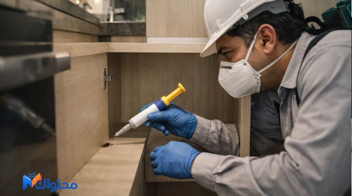 فني يستخدم جل مبيد للصراصير في مطبخ منزل بالرياض