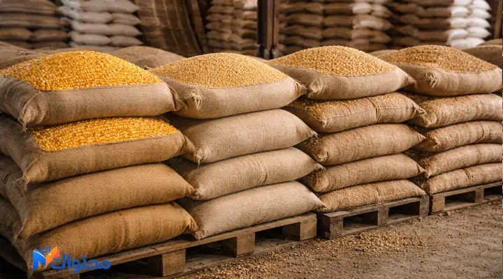 حبوب الذرة والصويا والشعير وأكياس نخالة مرتبة داخل مخزن أعلاف