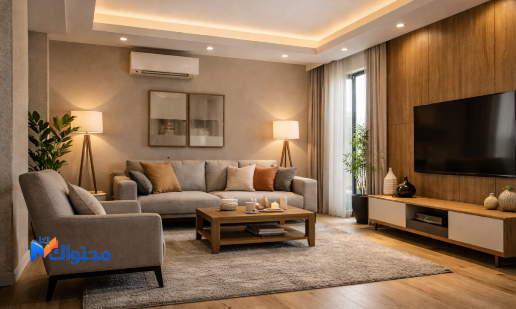 غرفة معيشة بتصميم داخلي عصري وأثاث متناسق وإضاءة دافئة