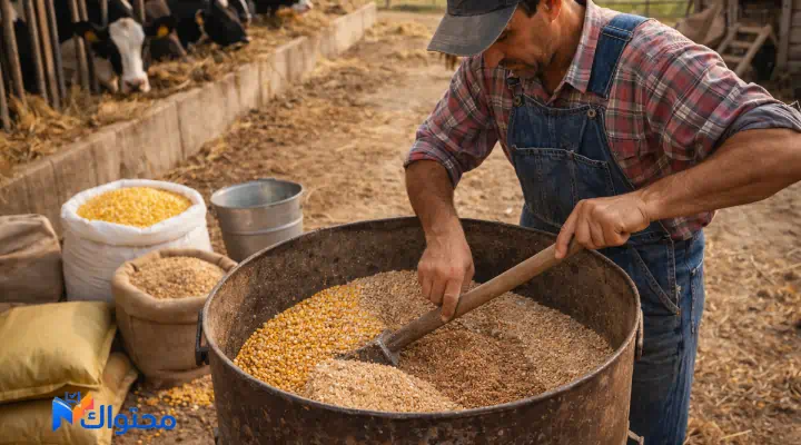 خلط علف حيواني يدويًا داخل مزرعة صغيرة