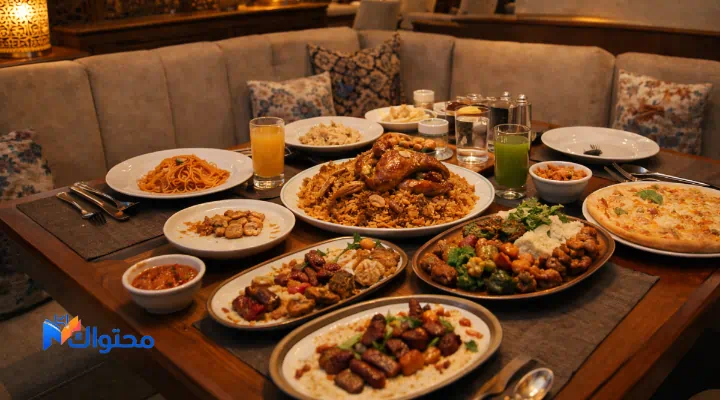 طاولة طعام تحتوي على أطباق عربية ولبنانية وإيطالية داخل مطعم عائلي بالرياض