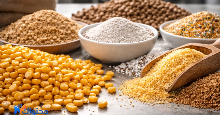 صورة مقربة لحبوب الذرة والبروتينات المستخدمة في تصنيع علف الدواجن