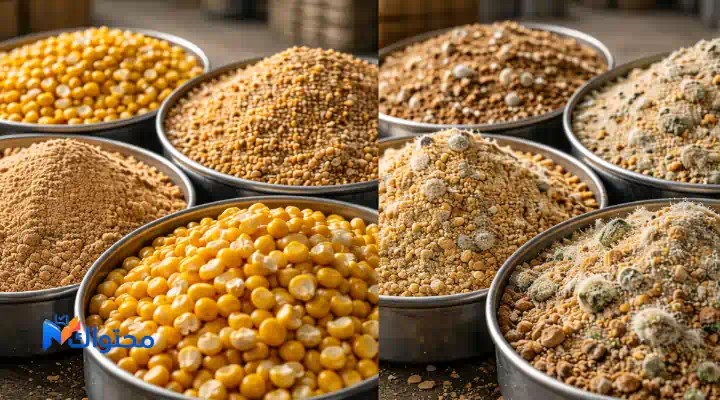 مكونات أعلاف مختلفة توضح الفرق بين الخامات الجيدة والرديئة