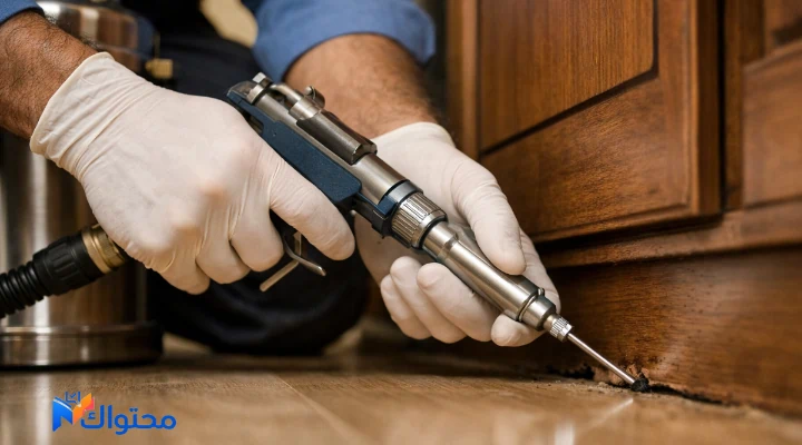 فني رش النمل الأبيض داخل أثاث خشبي في منزل بالرياض