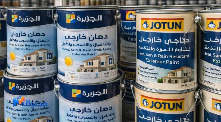 صورة لمجموعة دهانات خارجية مقاومة للشمس والرطوبة، جاهزة لتطبيقها على الواجهات
