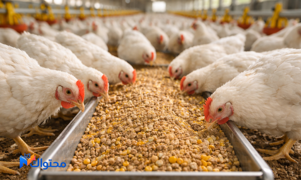 علف دواجن متوازن مقدم للدجاج داخل عنبر تربية