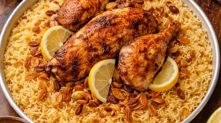 طبق مندي دجاج سعودي مع أرز بسمتي مفلفل وصلصة حارة