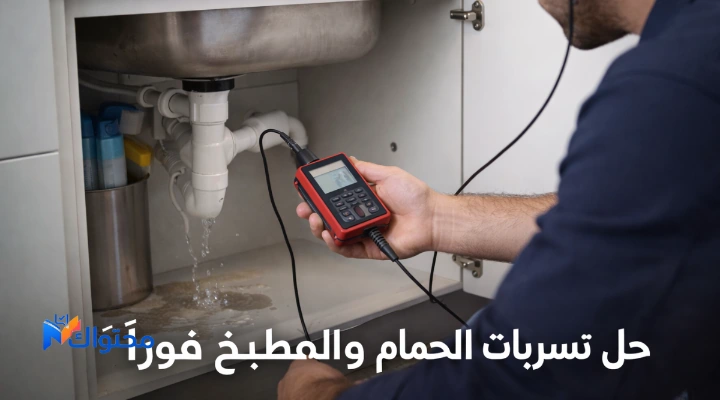 تسرب مياه أسفل حوض مطبخ مع فني يفحص المواسير