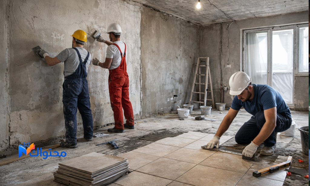 عمال يقومون بأعمال المحارة وتركيب الأرضيات داخل شقة قيد التشطيب