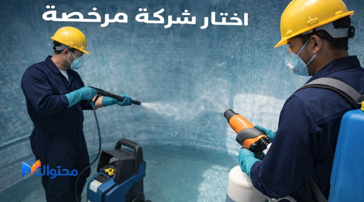 فريق عمل متخصص يقوم بتعقيم خزان مياه باستخدام معدات حديثة