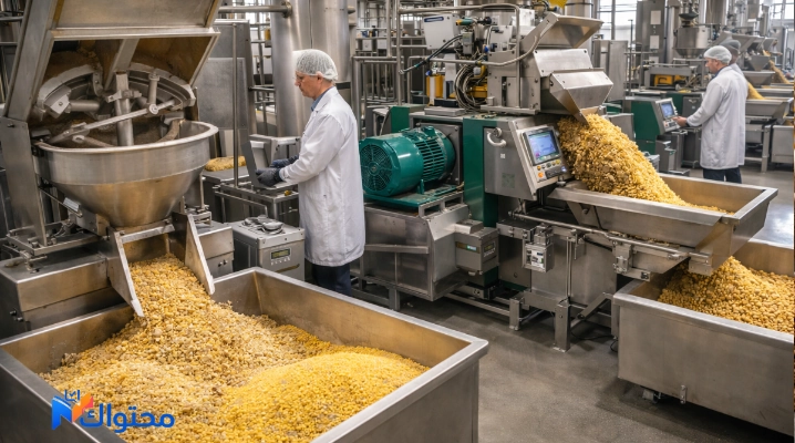 عامل يفحص جودة العلف داخل المصنع ويقوم بإجراء اختبارات دقيقة