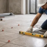 عامل يقوم بتركيب بلاط بورسلين في أرضية منزل حديث داخل السعودية