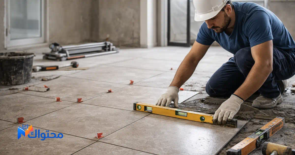 عامل يقوم بتركيب بلاط بورسلين في أرضية منزل حديث داخل السعودية