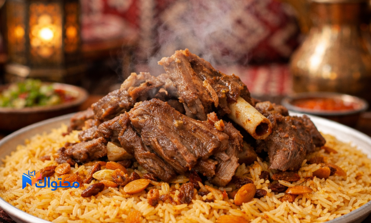 طبق مندي لحم تقليدي في أحد أفضل مطاعم المندي بالرياض مع أرز بسمتي مفلفل ولحم مدفون بطريقة حضرمية