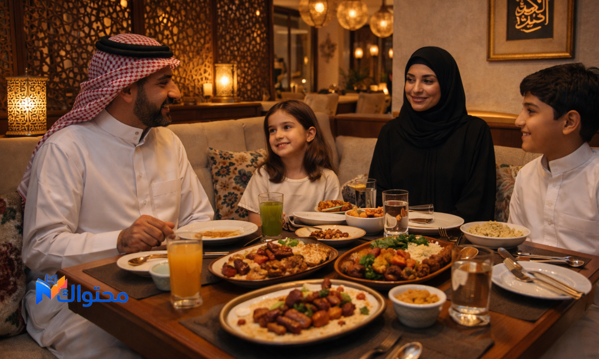 جلسة عائلية داخل احد مطاعم في الرياض عوائل مطعم فاخر في الرياض مع طاولة طعام مرتبة وديكور أنيق