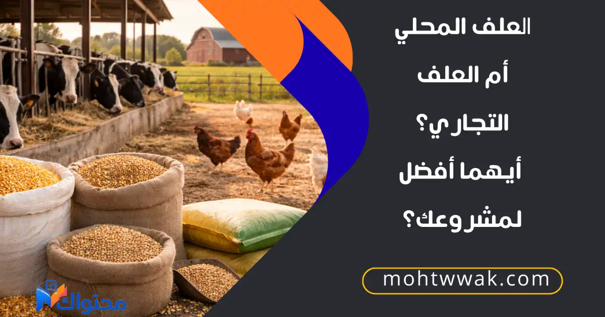 العلف المصنع محليًا والعلف التجاري علف حيواني متنوع مع ماشية ودواجن في مزرعة حديثة