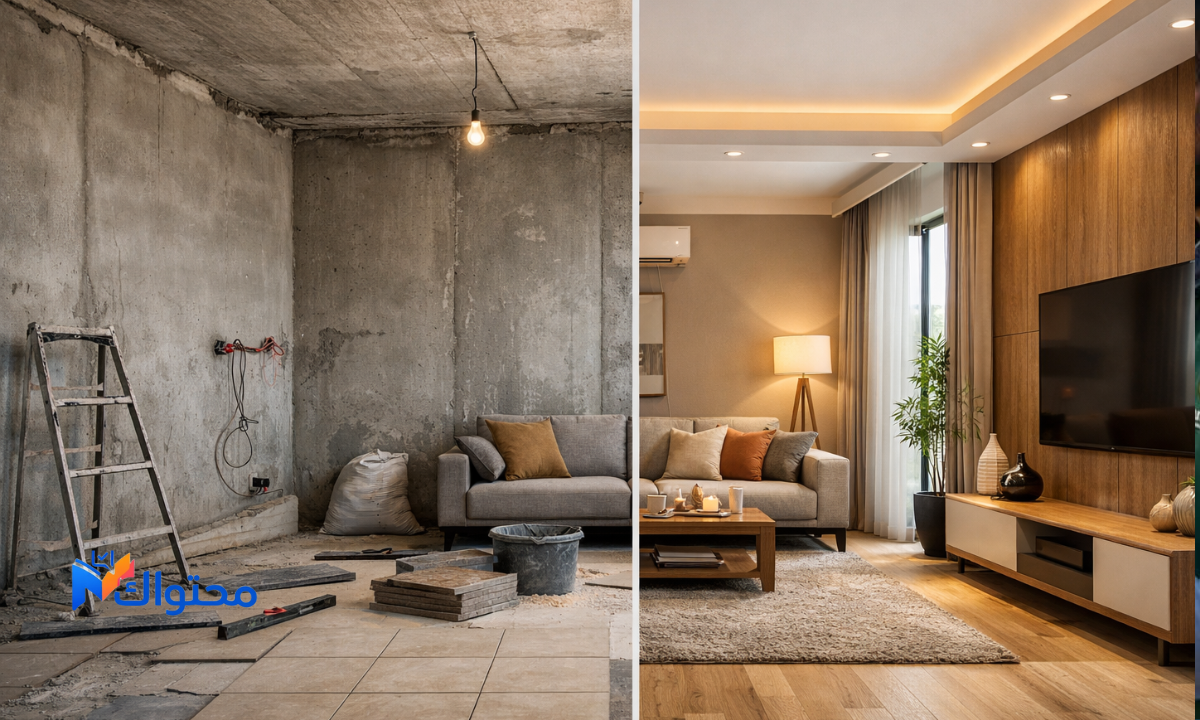 مقارنة بصرية بين غرفة في مرحلة التشطيب وغرفة مكتملة بالديكور الحديث