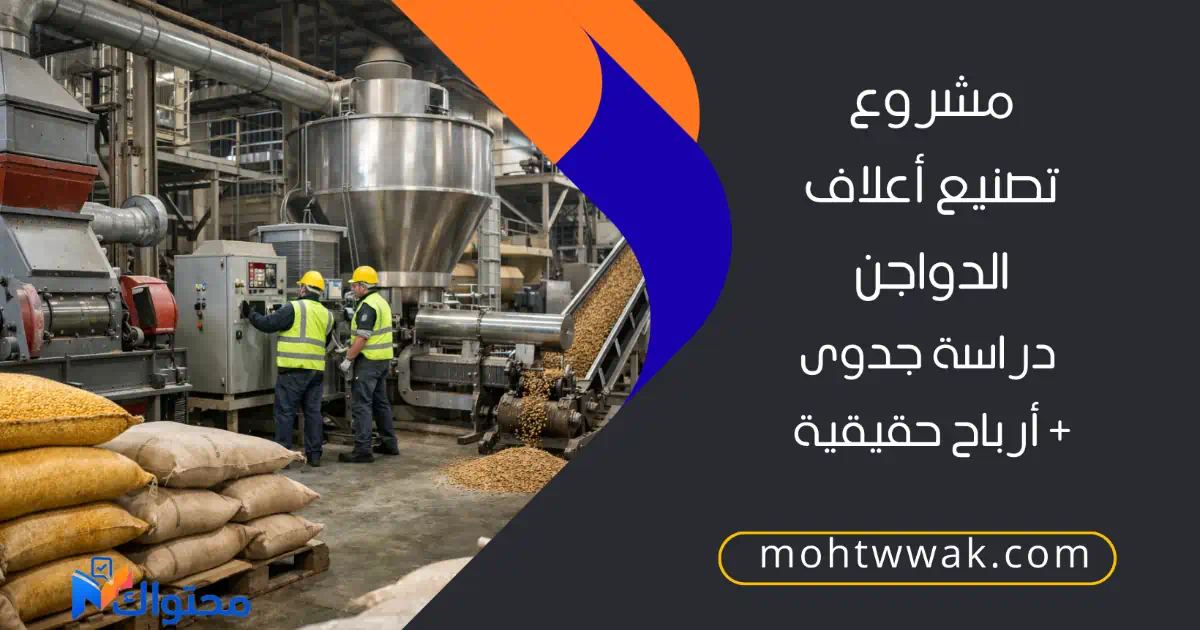 صورة واقعية لمصنع أعلاف دواجن حديث يوضح خط الإنتاج والماكينات مع أكياس العلف الجاهزة، تعبر عن مشروع صناعي ناجح في قطاع الإنتاج الحيواني.