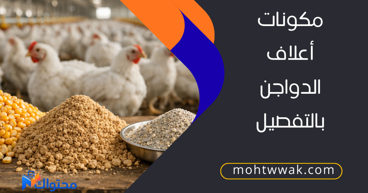 مكونات أعلاف الدواجن من الذرة وكسب الصويا والفيتامينات داخل مزرعة دواجن